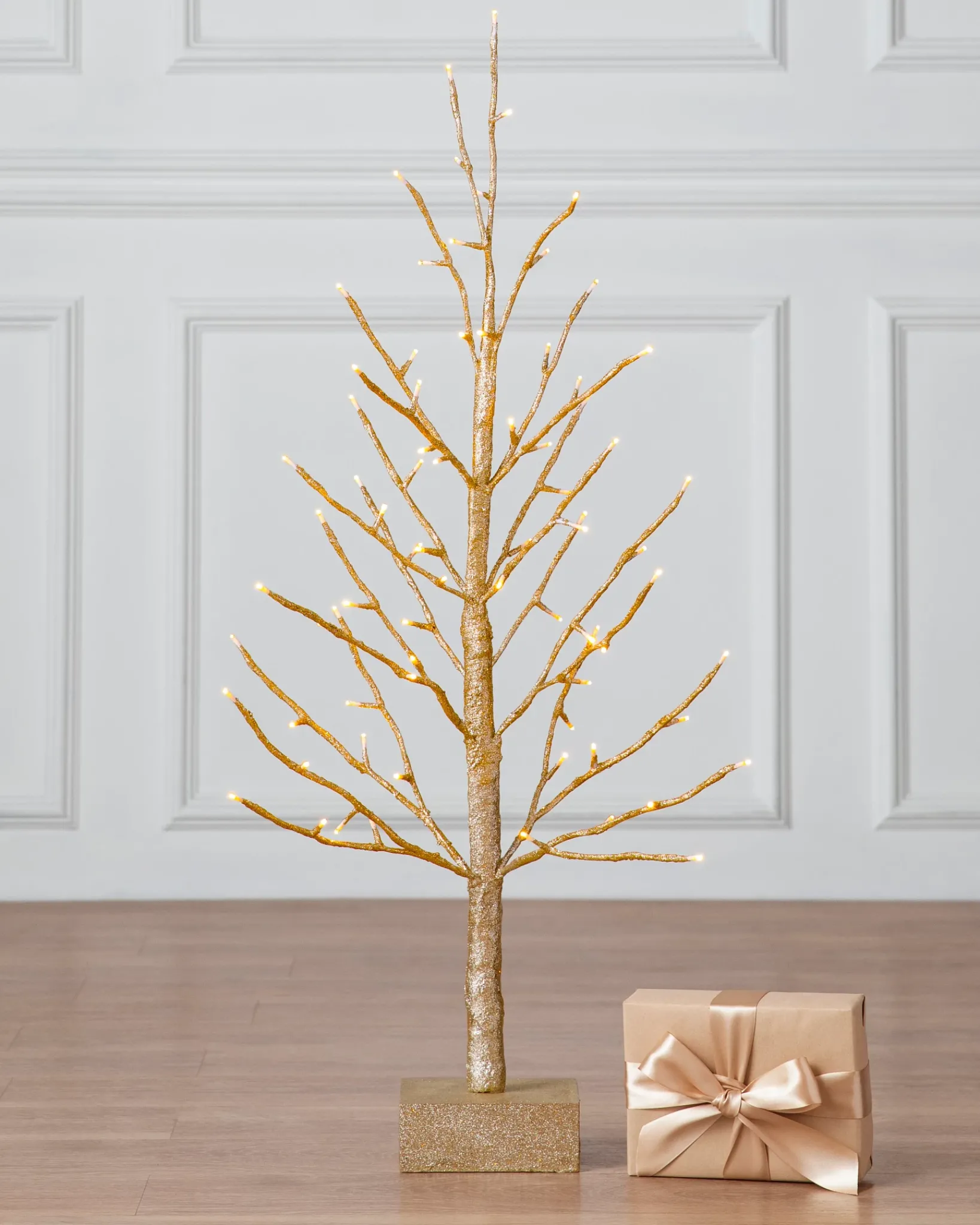 Hot Lit Champagne Glitter LED Trees Tabletop & Accent Trees