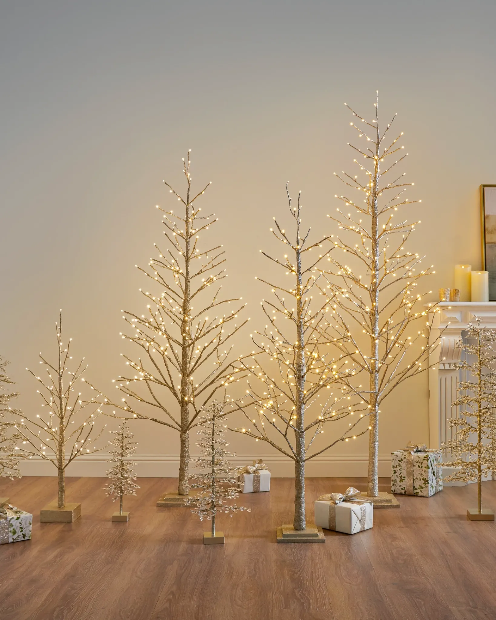 Hot Lit Champagne Glitter LED Trees Tabletop & Accent Trees