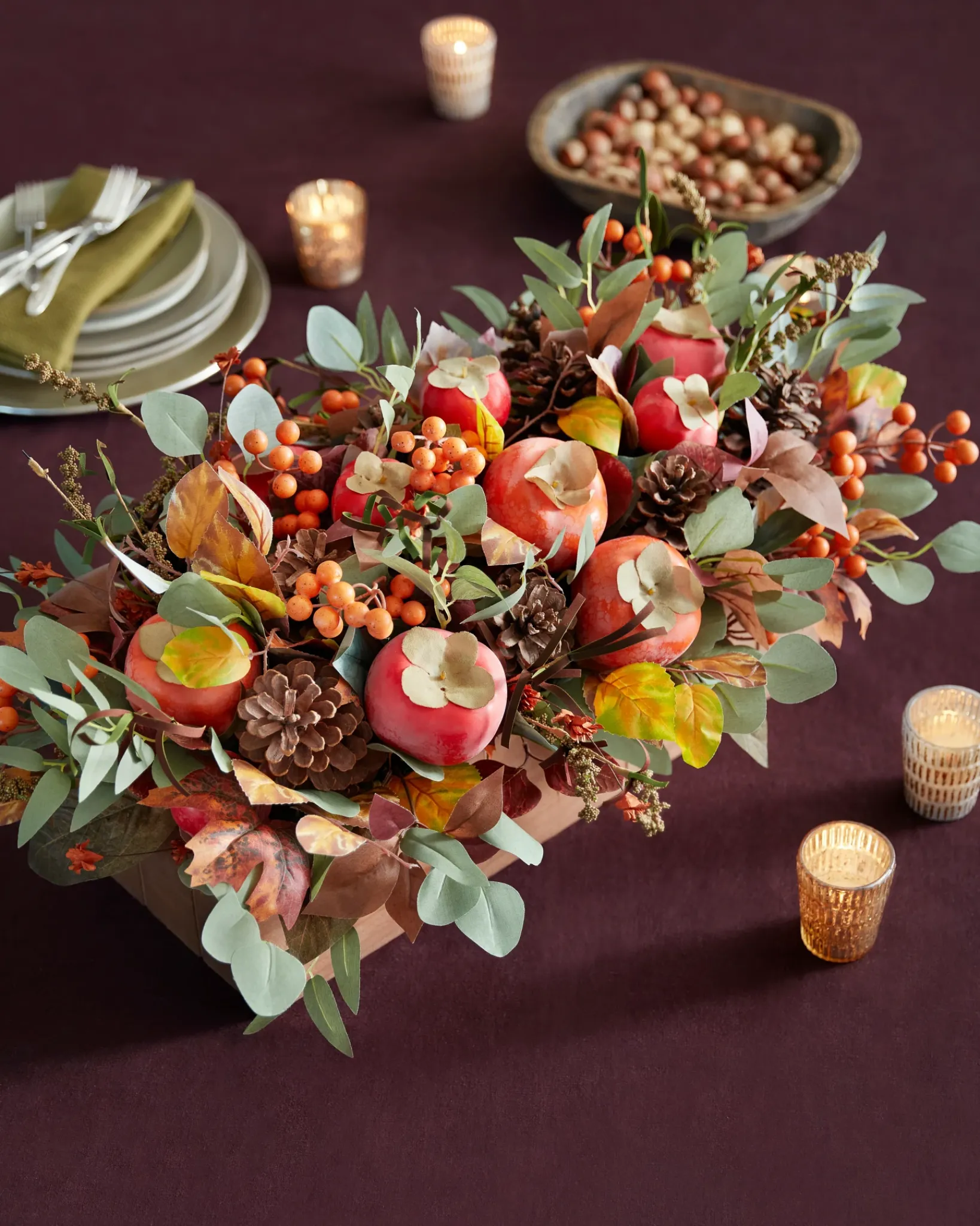 Hot Persimmon & Pinecone Foliage Garlands|Topiaries & Potted Flowers